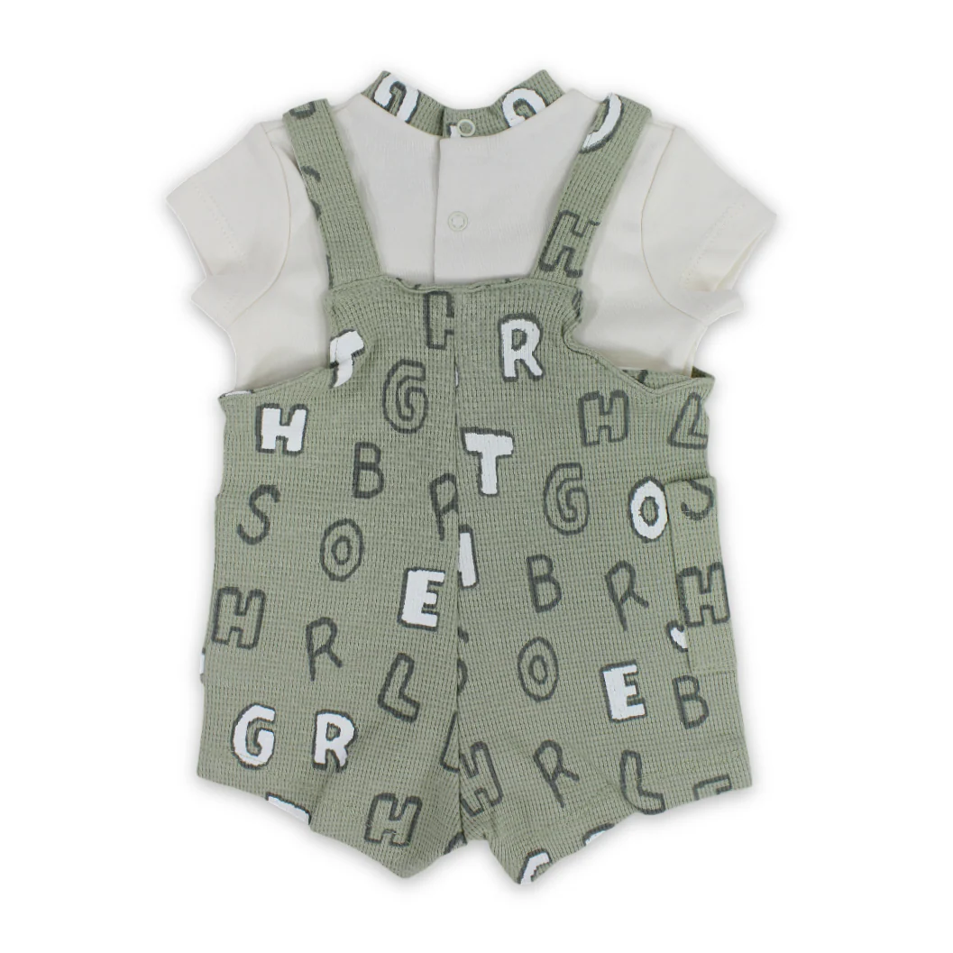 Baby Boys Cotton Romper – Olive & Off-White with Letters Print - Image 2