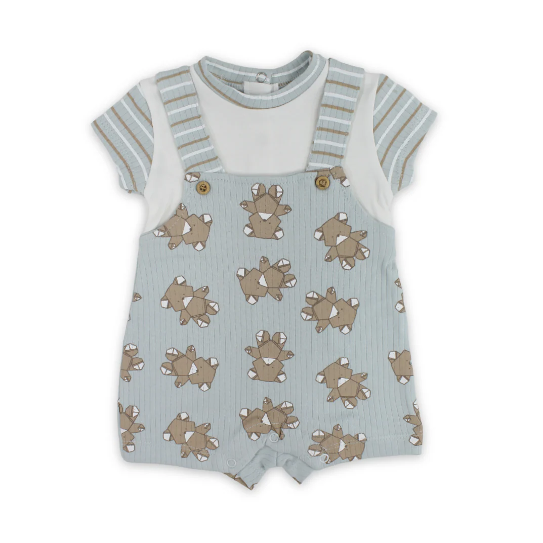 Baby Boys Cotton Romper – Mint & Off-White with Teddy Bear Print