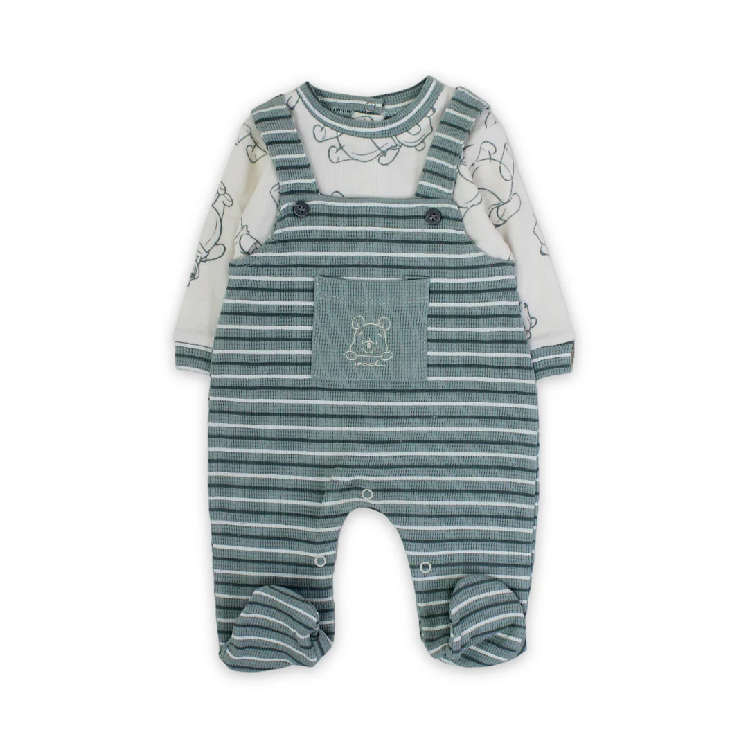 Baby Boys Cotton Baby Footie – Mint & Off-White with Pooh Print