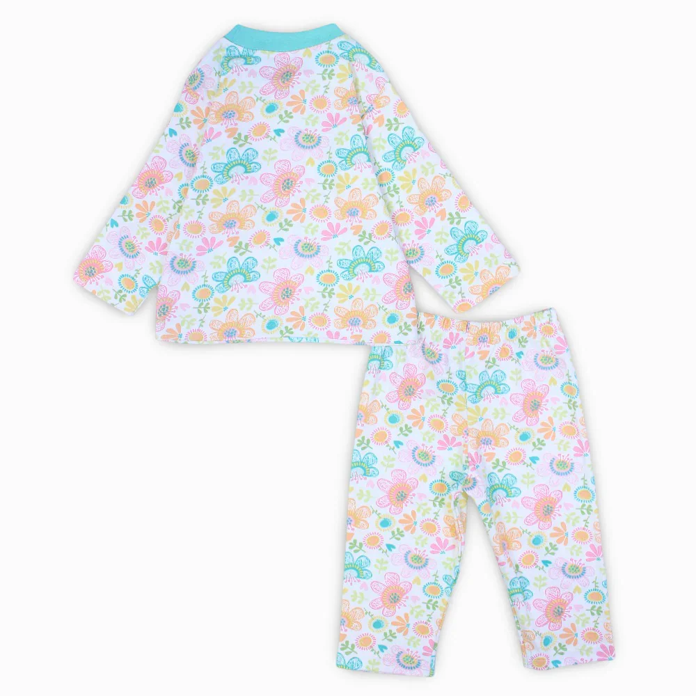 Girls Cotton Pajama Set – Off-White & Aqua with Flowers Print - Image 2