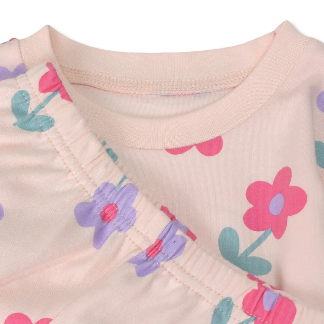 Girls Cotton Pajama – Pink with Flowers Print - Image 3