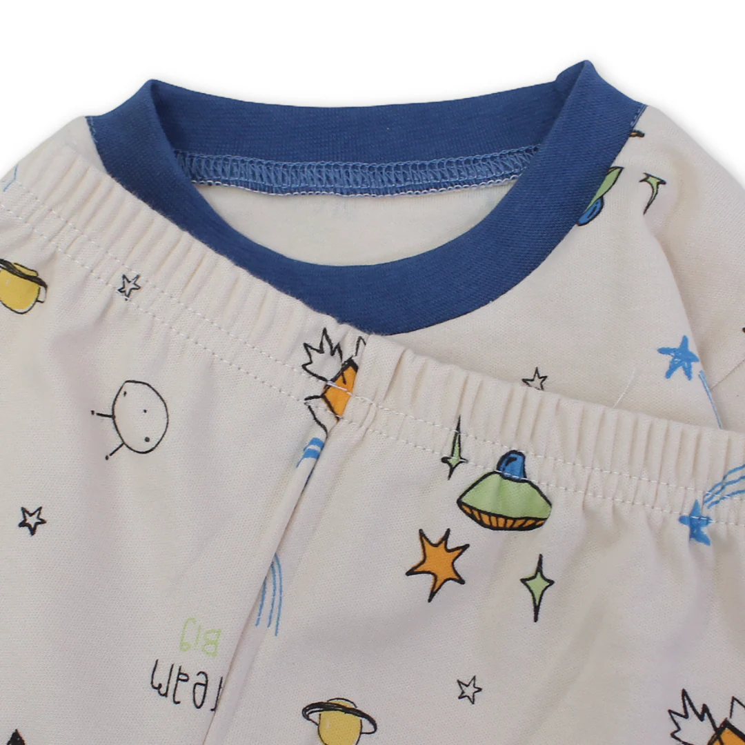Baby Boys Cotton Pajama Set – Beige with Space Prints - Image 3