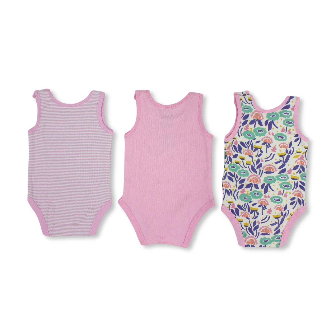 Baby Girls Cotton Sleeveless Bodysuit – Multicolor with Flowers Print (Pack of 3) - Image 2