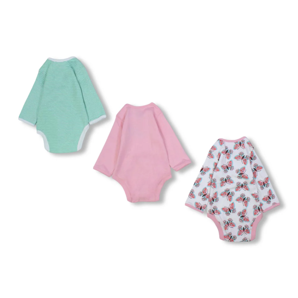 Baby Girls Cotton Long-Sleeved Underwear Bodysuit – Multicolor with Butterflies Print (Pack of 3) - Image 2