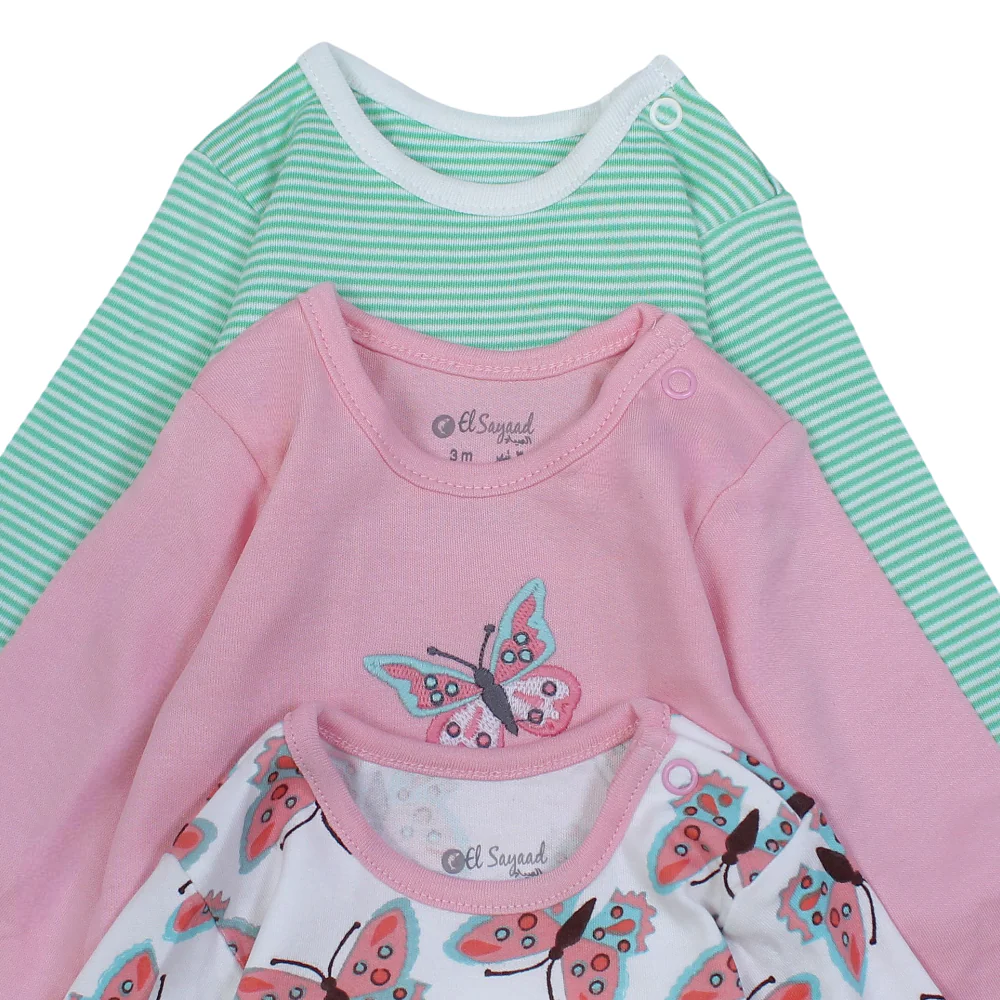 Baby Girls Cotton Long-Sleeved Underwear Bodysuit – Multicolor with Butterflies Print (Pack of 3) - Image 3