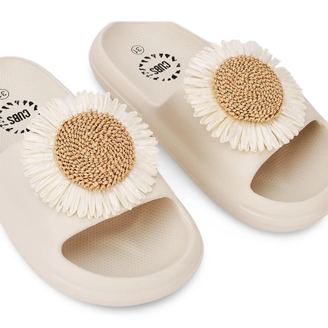 Girls Rubber Slippers – Beige with Sunflower Design - Image 4