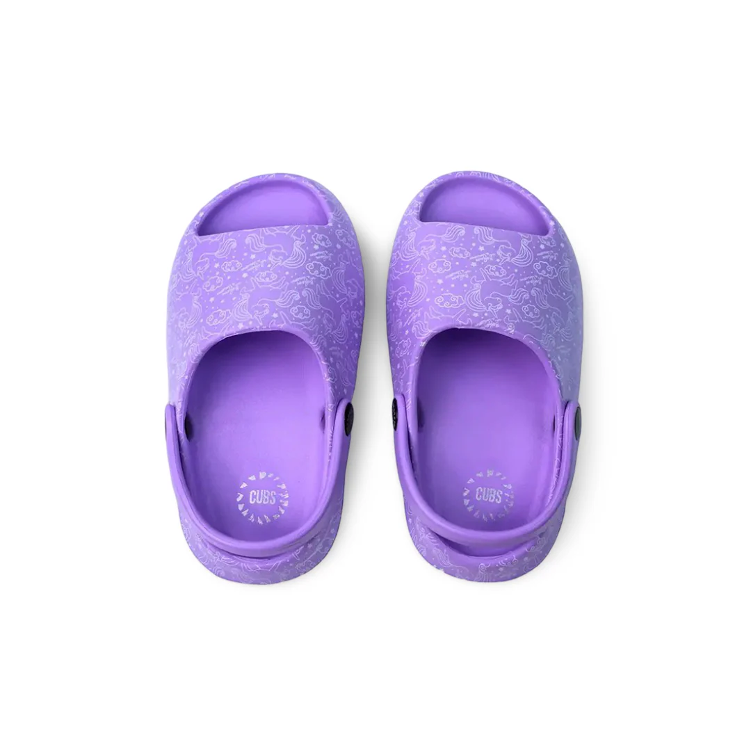 Girls Rubber Sandals – Purple with Unicorn Doodles