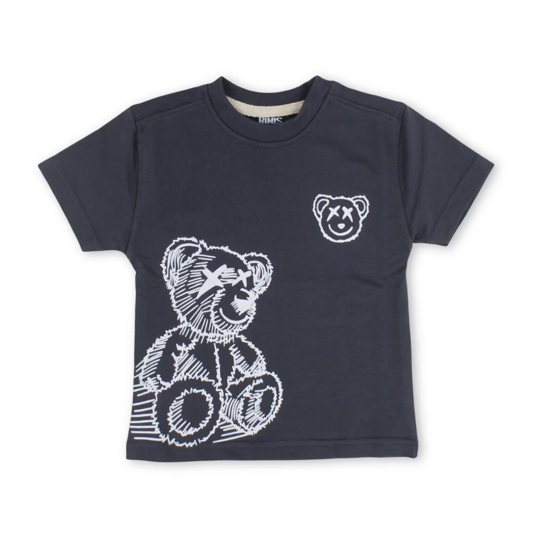 Unisex Baby Cotton T-Shirt – Dark Grey with Teddy Bear Print