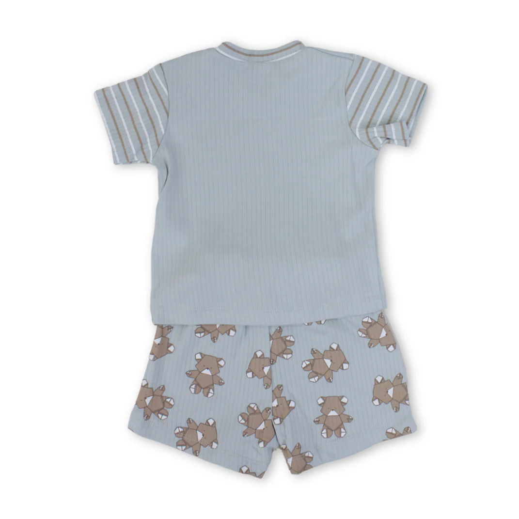 Baby Boys Cotton Pajama – Aqua with Teddy Bear Face Print - Image 2