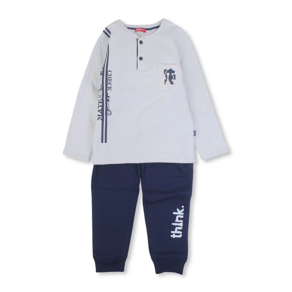 Boys Cotton Pajama Set – Grey/Navy with “Check Mate” Print