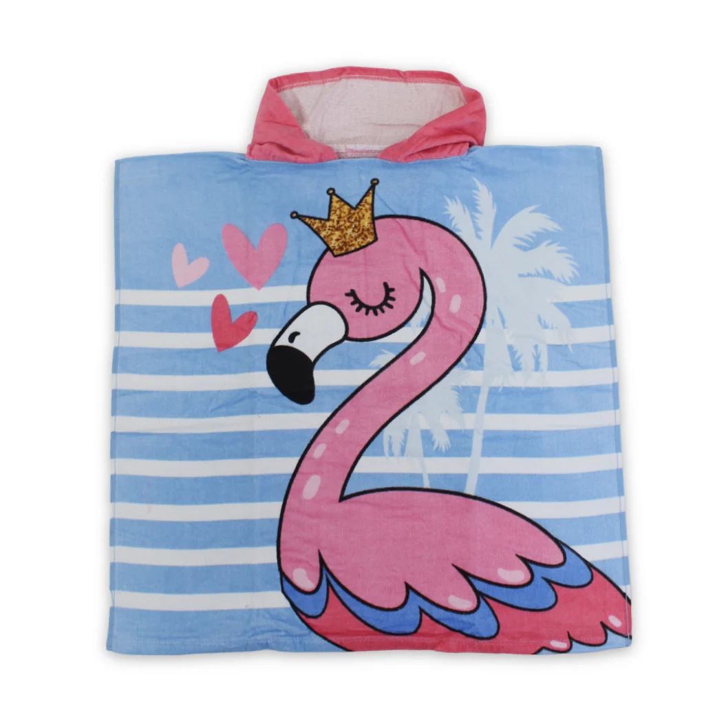 Girls Poncho – Baby Blue with Flamingo Print