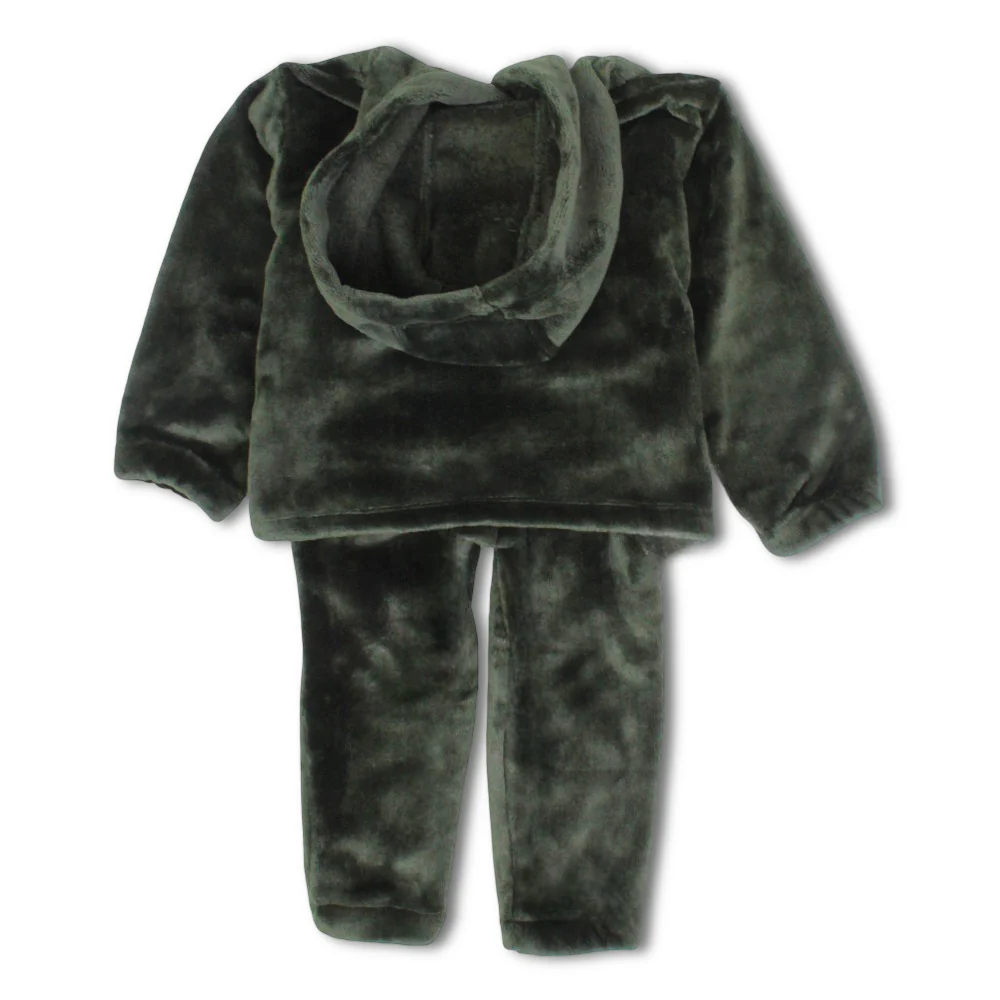 Boys Velvet Hooded Pajama Set – Dark Green with “Roar!“ Dinosaur Design - Image 2