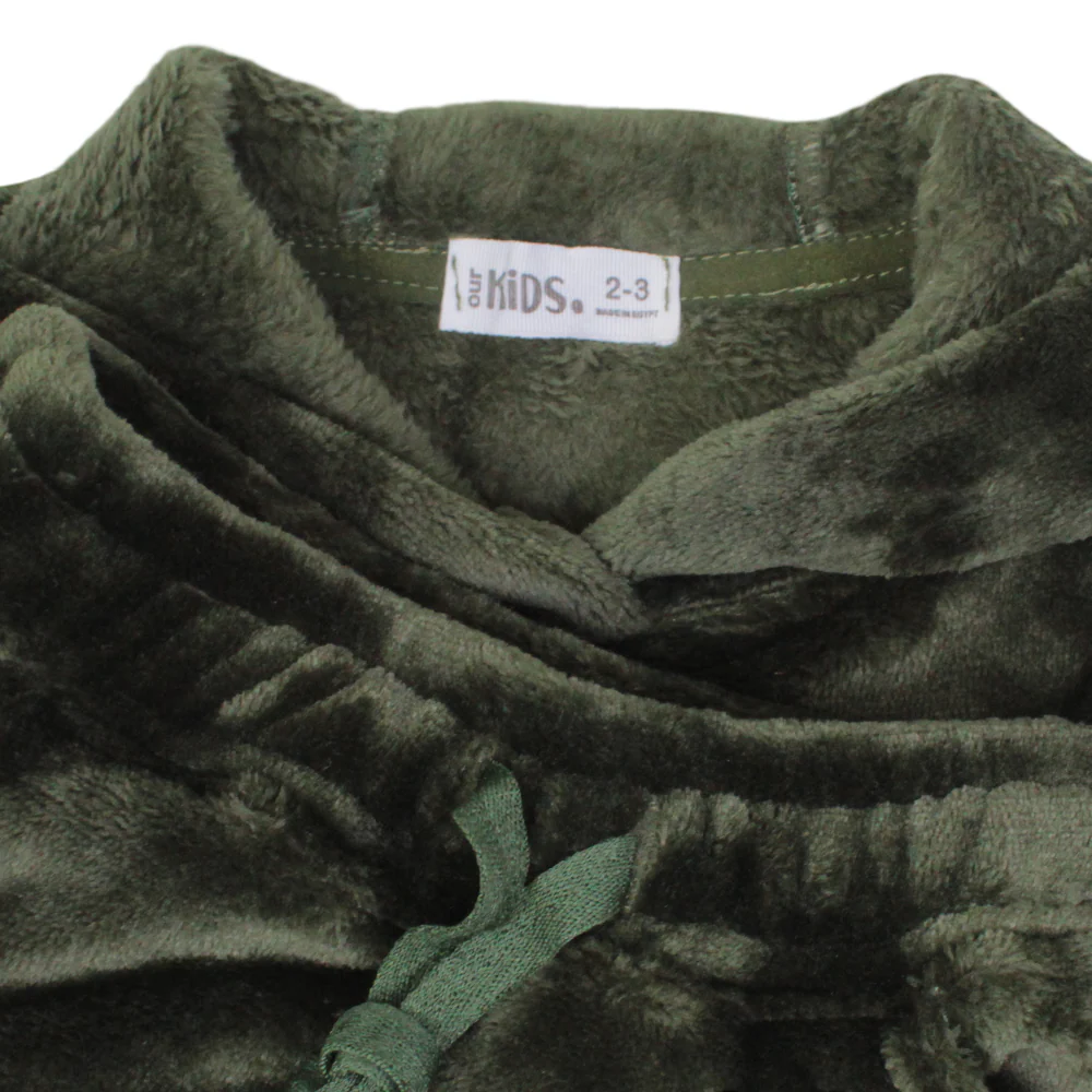 Boys Velvet Hooded Pajama Set – Dark Green with “Roar!“ Dinosaur Design - Image 3
