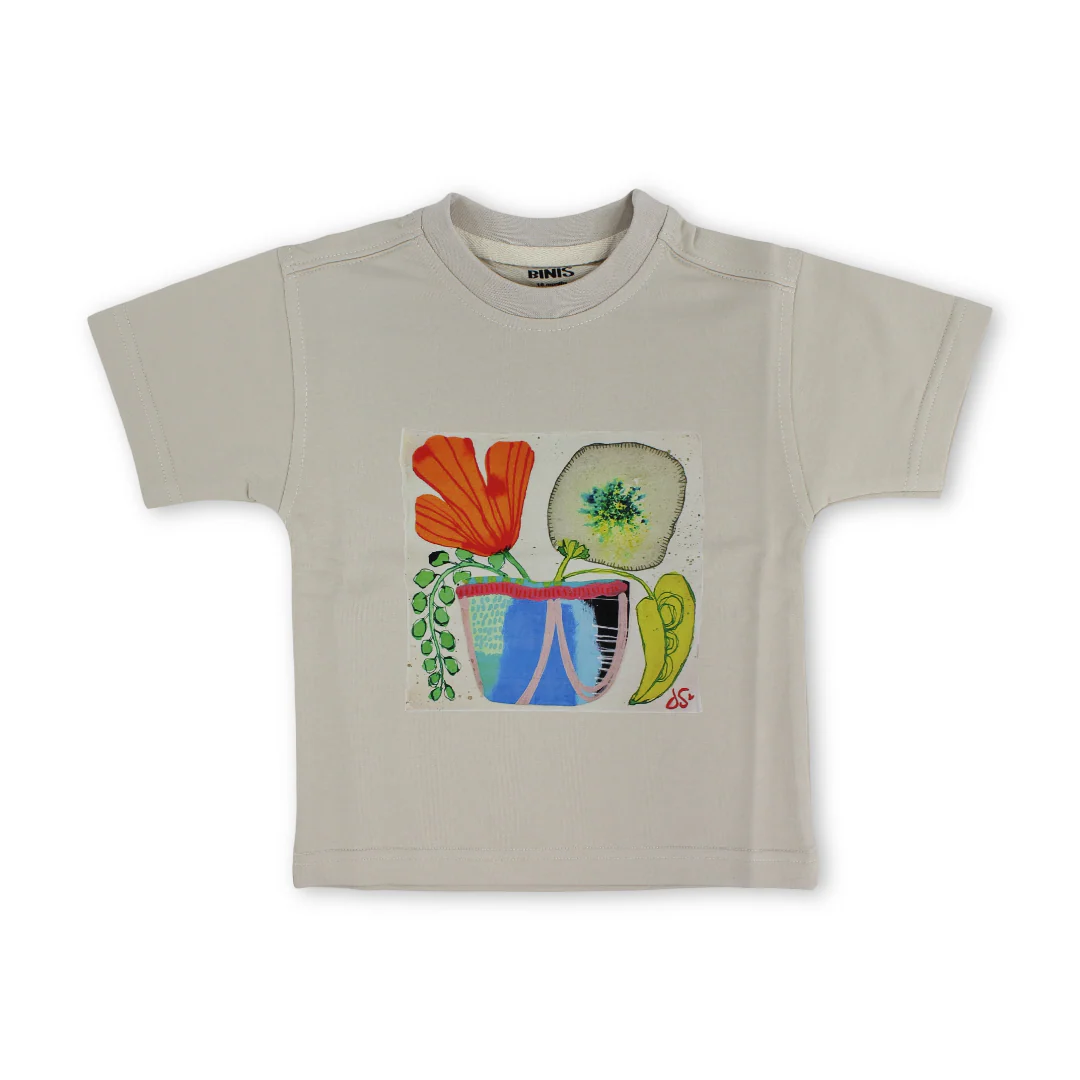 Baby Girls Cotton T-Shirt – Beige with Flower Pot Print