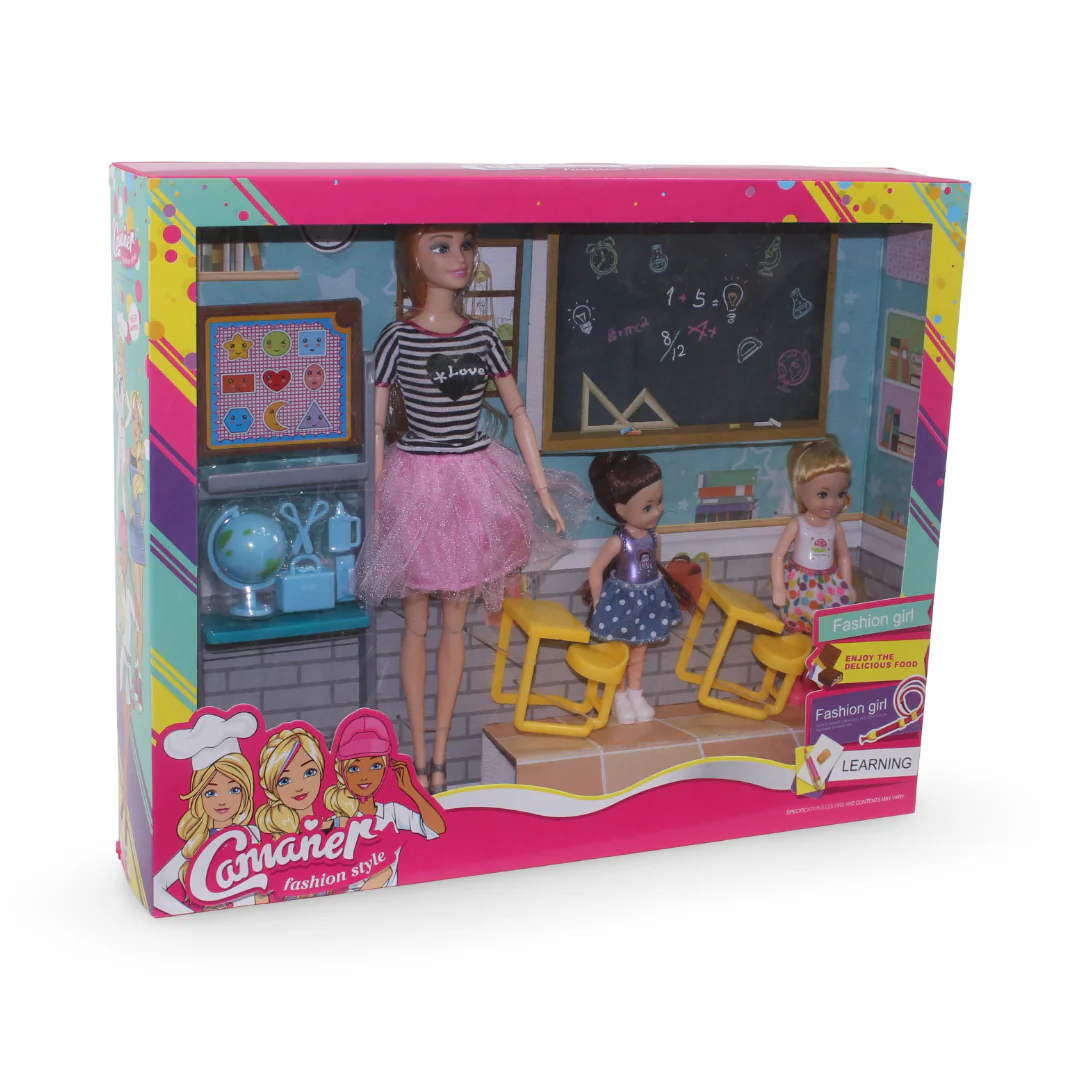 School Playset with 2 Dolls in Classroom – Pink & Black