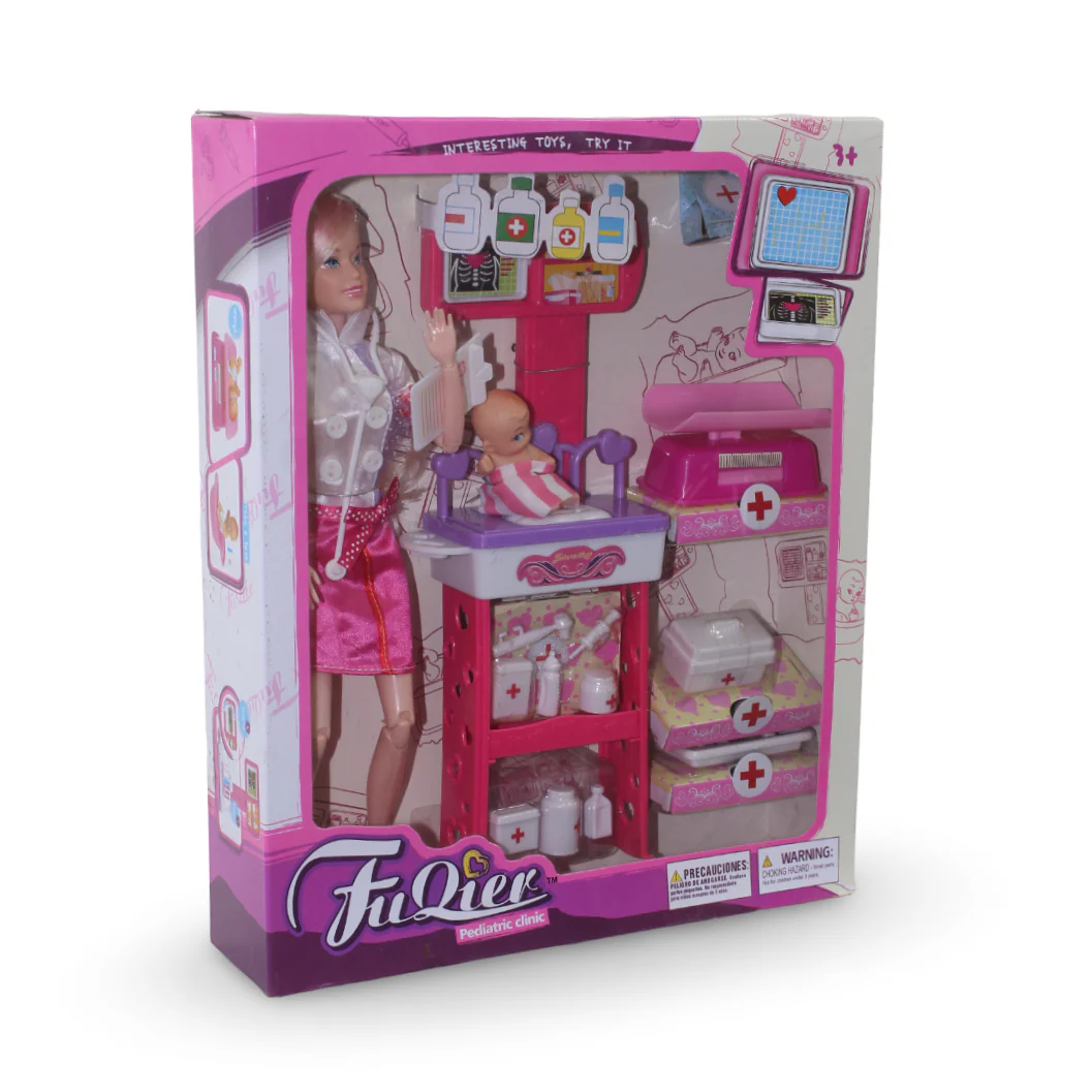 Fu Qier Nurse Doll with Baby and Doctor Tools – Fuchsia Skirt