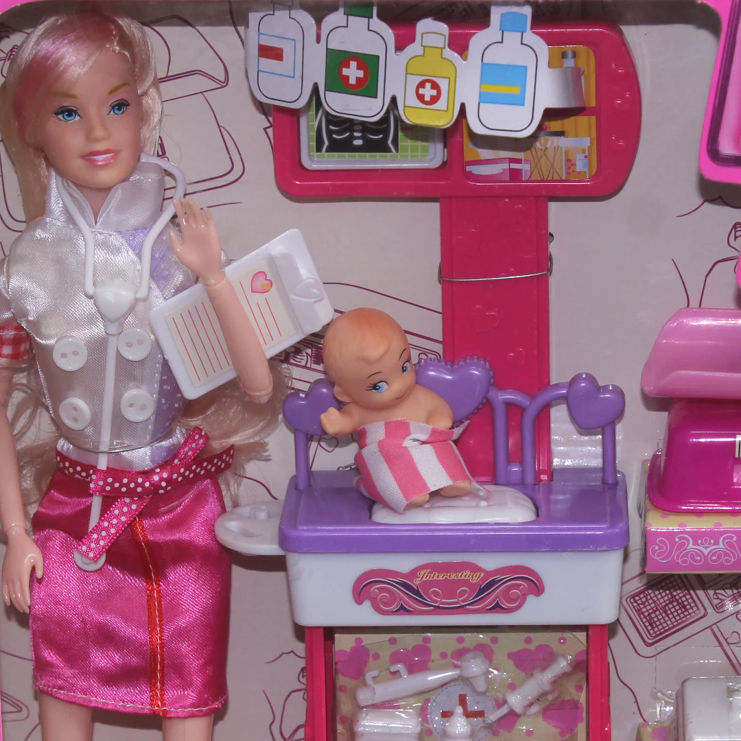 Fu Qier Nurse Doll with Baby and Doctor Tools – Fuchsia Skirt - Image 3
