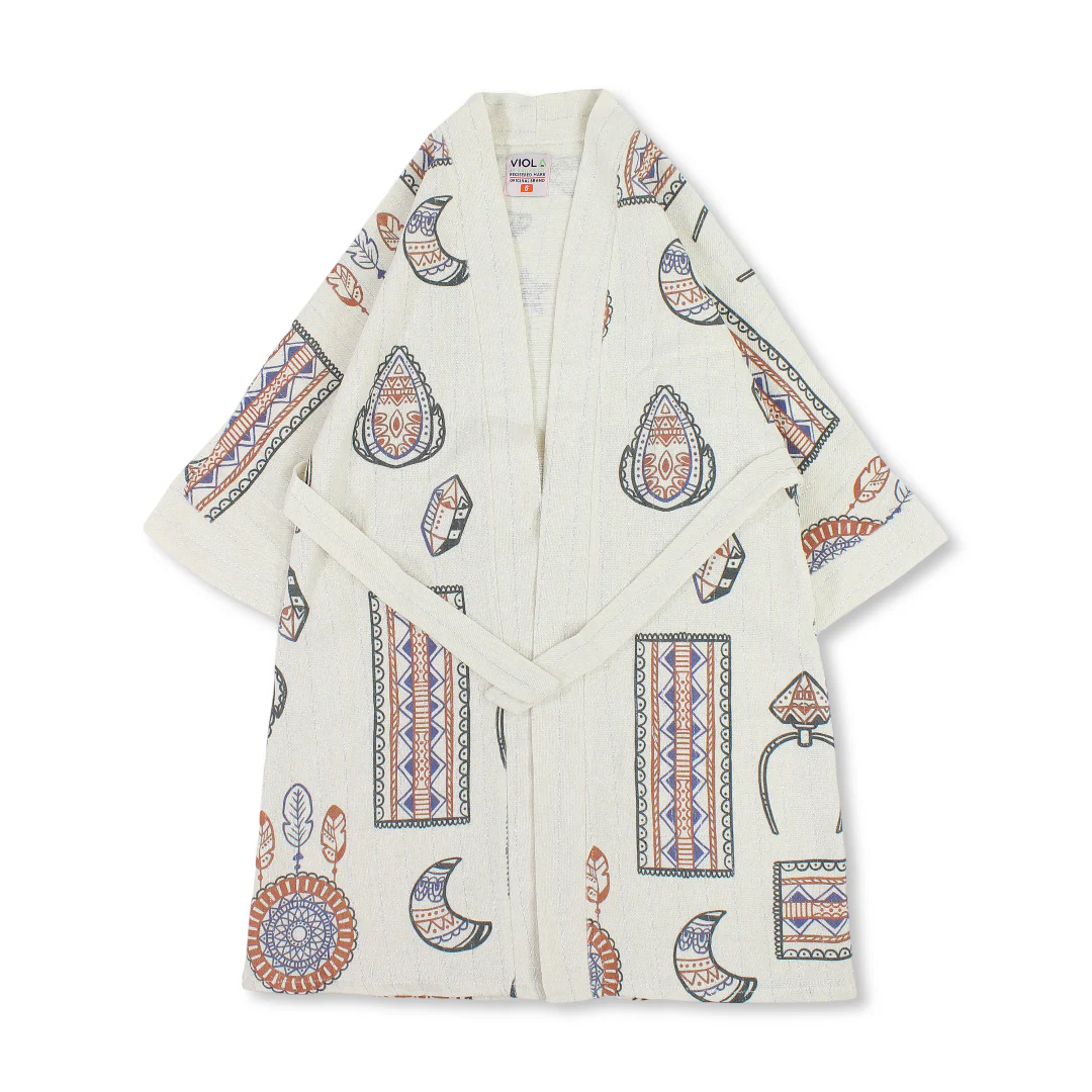 Girls Linen Kaftan – Beige with Heritage Print