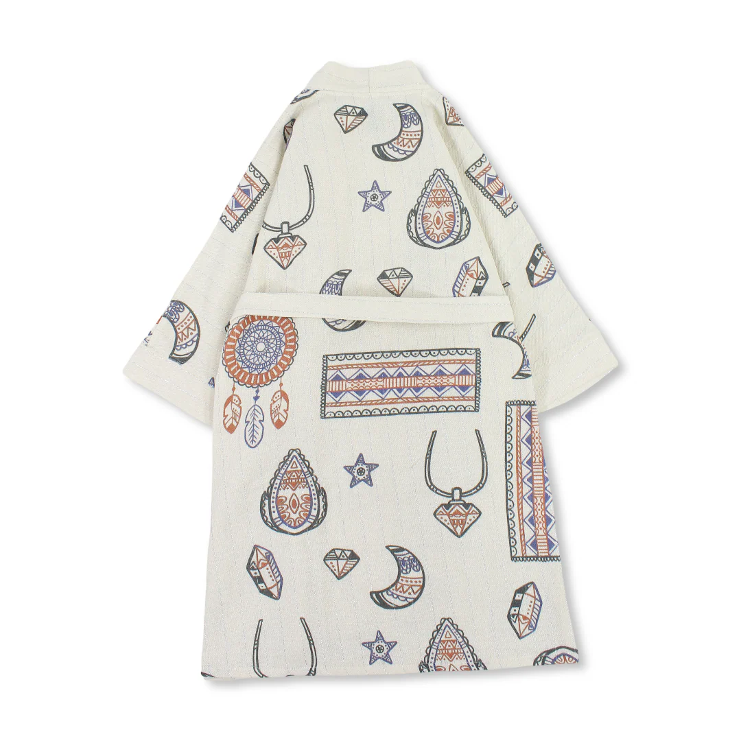 Girls Linen Kaftan – Beige with Heritage Print - Image 2