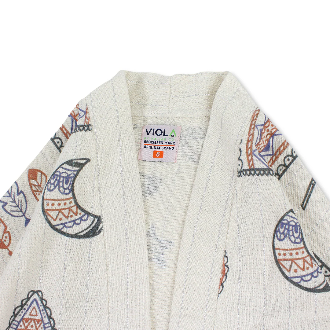 Girls Linen Kaftan – Beige with Heritage Print - Image 3