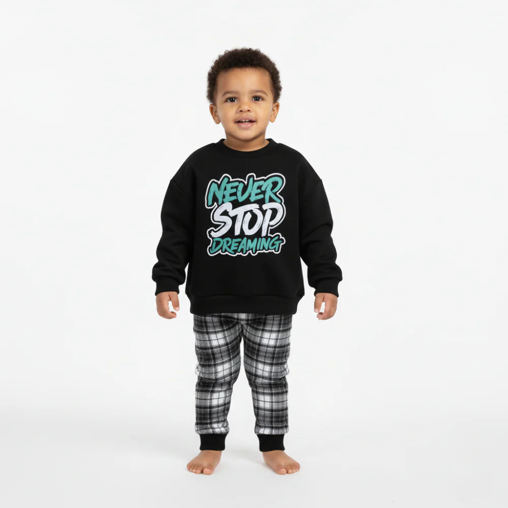 Boys Cotton Pajama Set – Black with “Never Stop Dreaming” Print