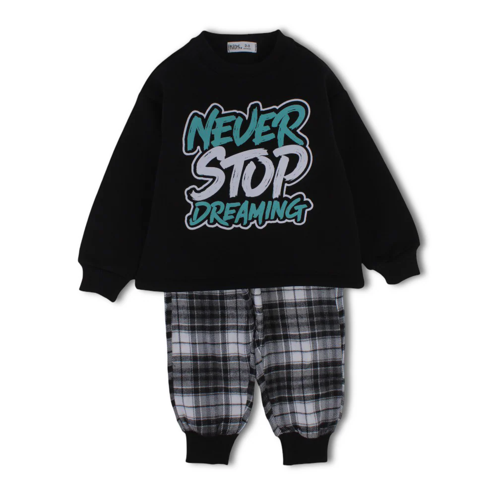 Boys Cotton Pajama Set – Black with “Never Stop Dreaming” Print - Image 2