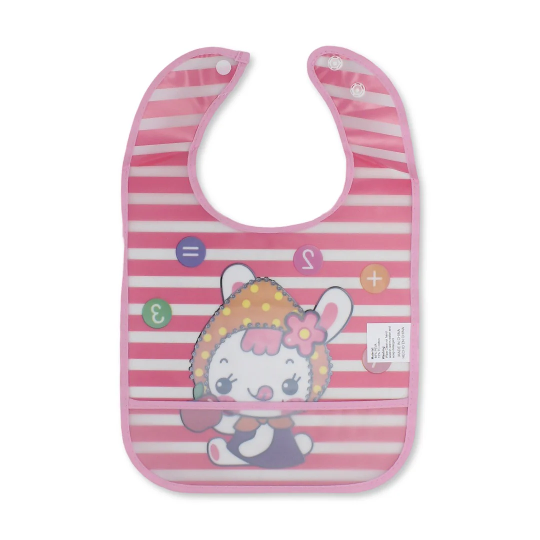 La Frutta PVC Baby Bib with Pocket – Striped Pink with Rabbit Print - Image 2