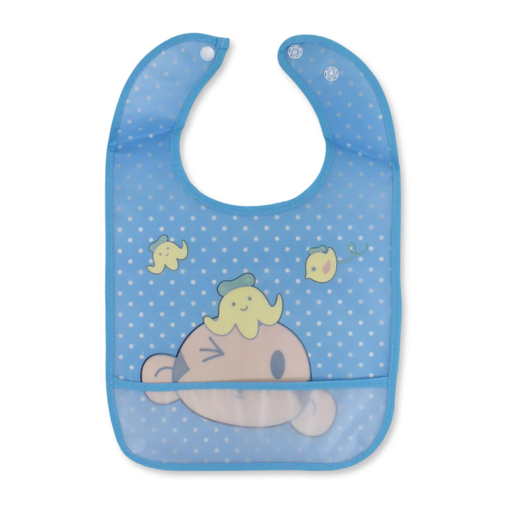 La Frutta PVC Baby Bib with Pocket – Baby Blue with Monkey Print - Image 2