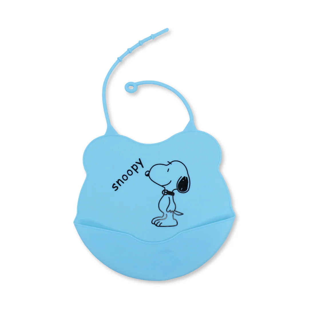 La Frutta Silicone Baby Bib with Pocket – Aqua with Snoopy Print
