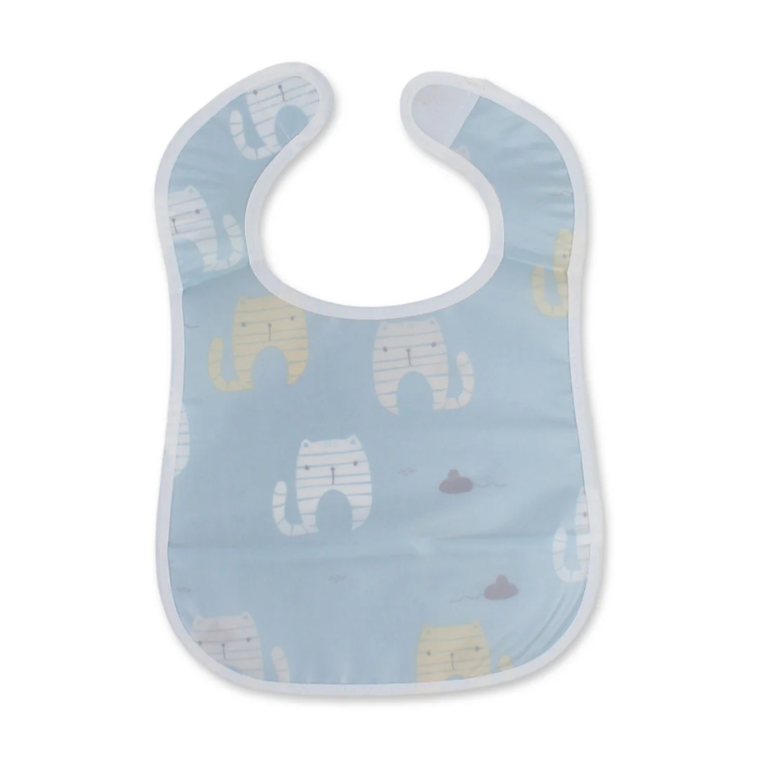 La Frutta PVC Baby Bib with Pocket – Baby Blue with Cats Print - Image 2