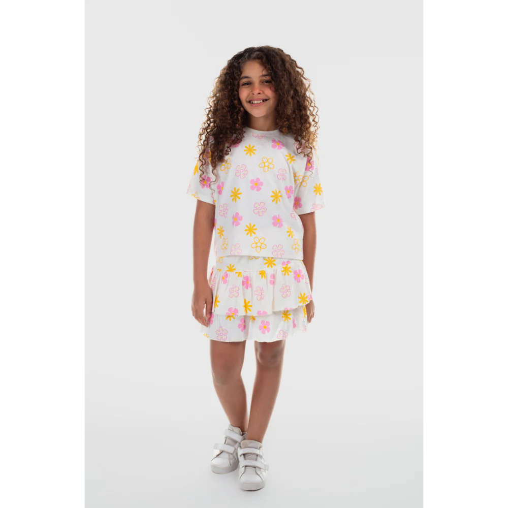 Girls Cotton Outfit Set – Offwhite Printed Flowers Short Sleeves