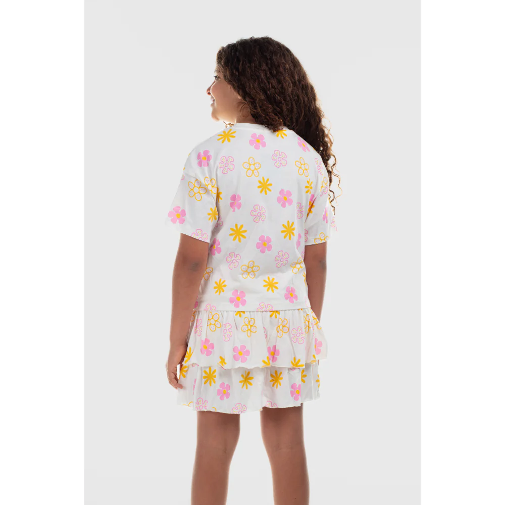 Girls Cotton Outfit Set – Offwhite Printed Flowers Short Sleeves - Image 2