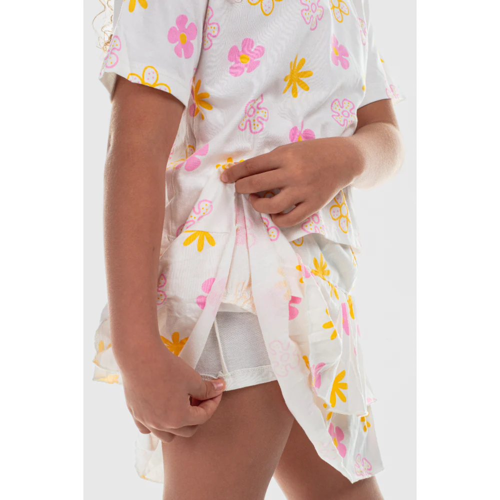 Girls Cotton Outfit Set – Offwhite Printed Flowers Short Sleeves - Image 3