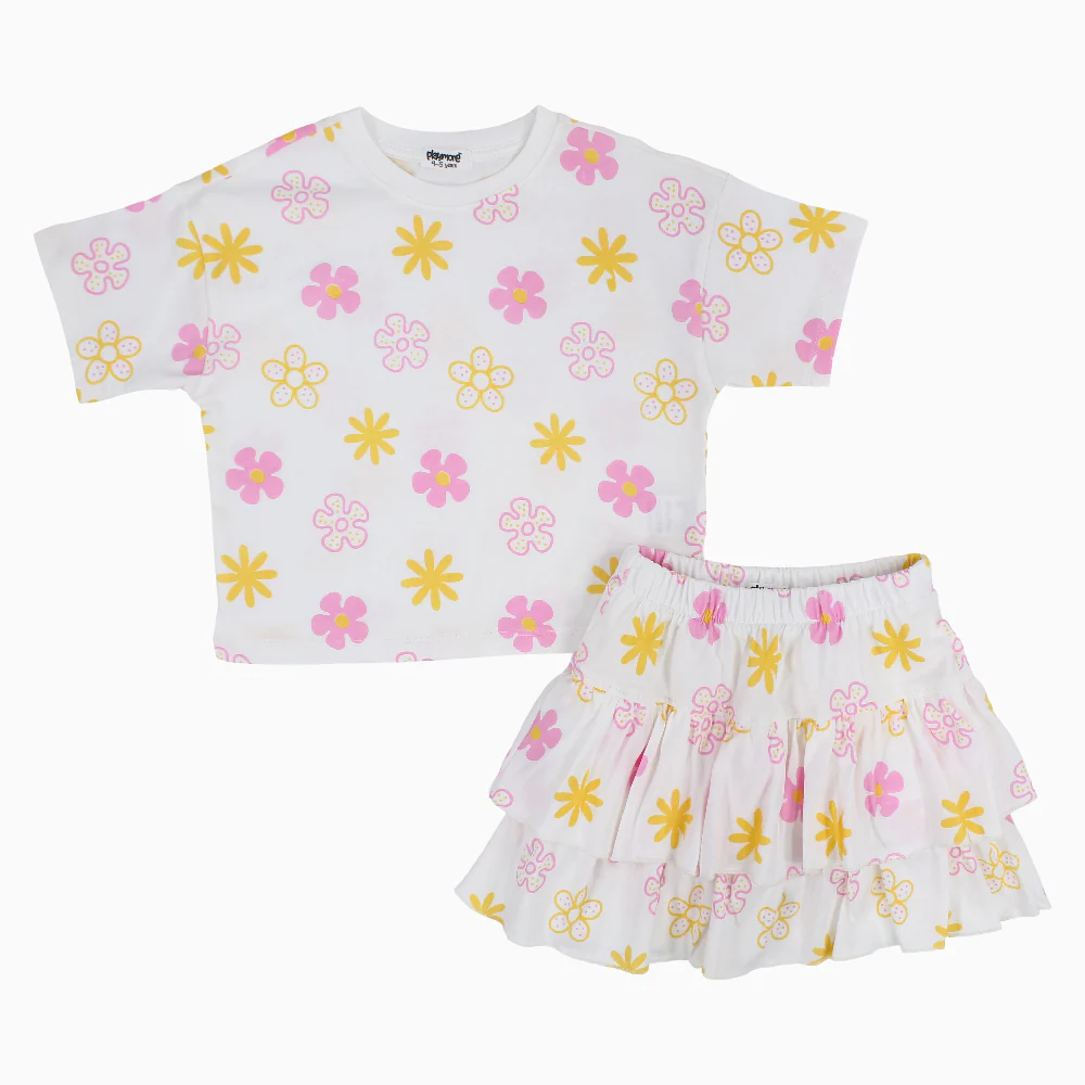 Girls Cotton Outfit Set – Offwhite Printed Flowers Short Sleeves - Image 4