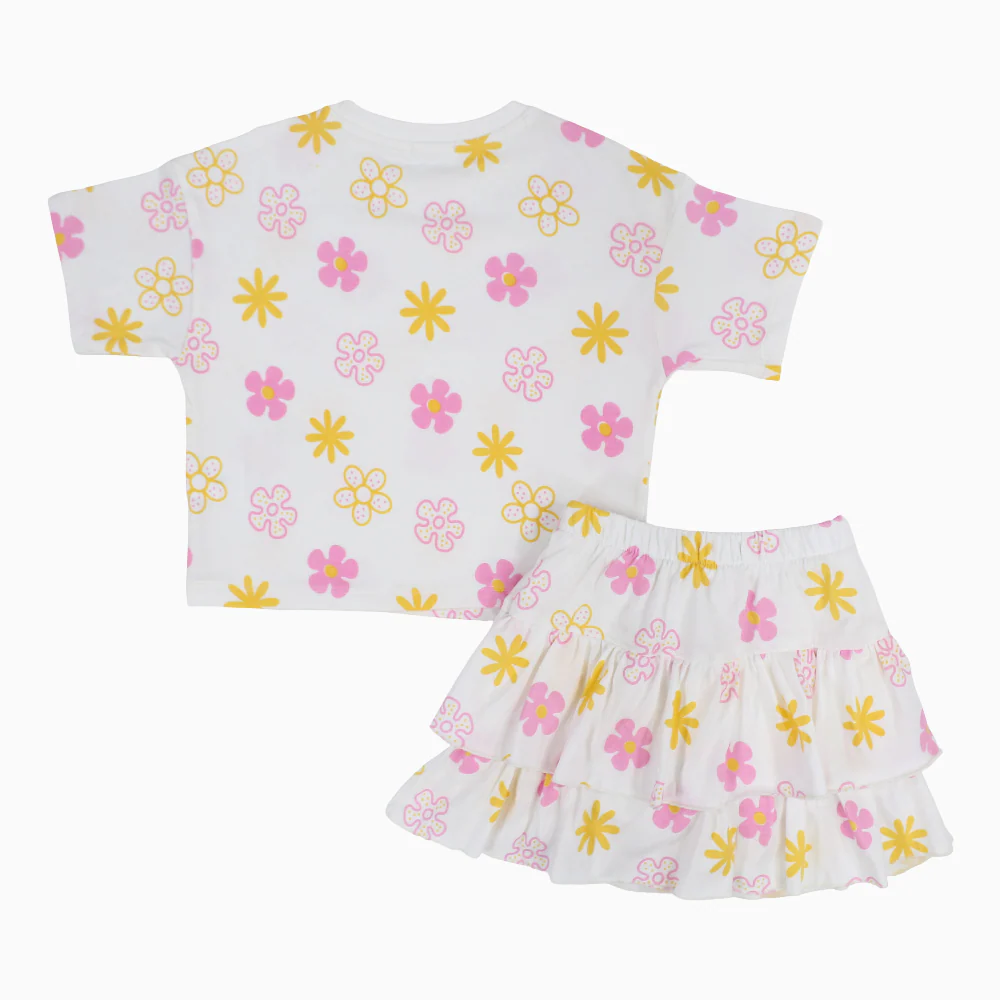 Girls Cotton Outfit Set – Offwhite Printed Flowers Short Sleeves - Image 5