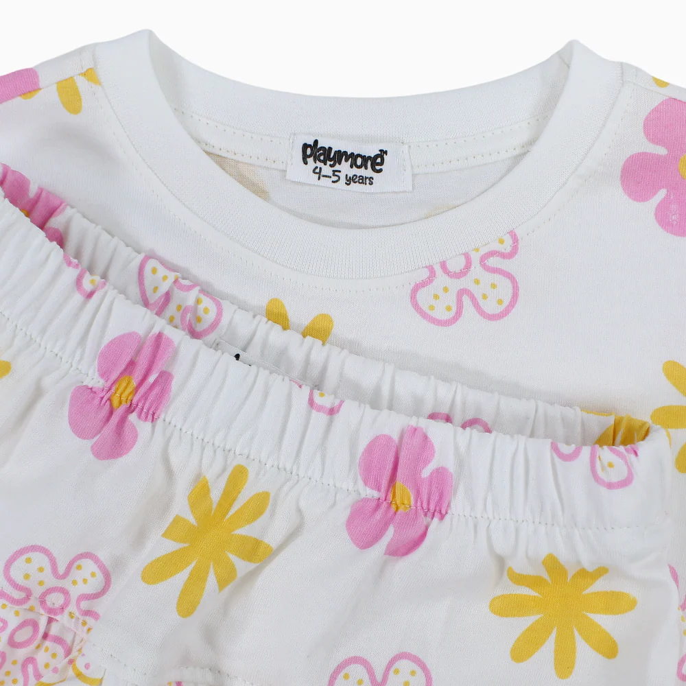 Girls Cotton Outfit Set – Offwhite Printed Flowers Short Sleeves - Image 6