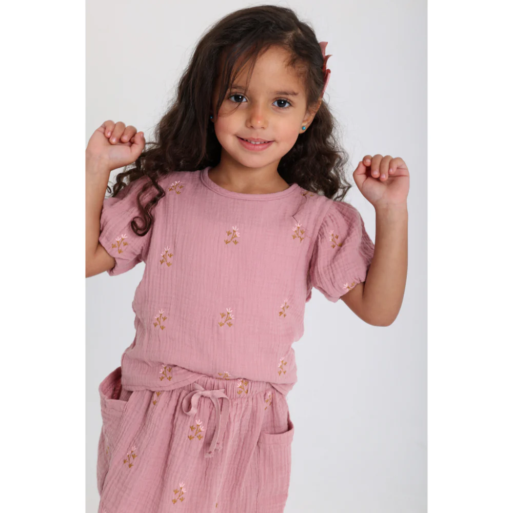 Baby Girls Cotton 2-Piece Outfit Set – Dusty Pink with Printed Flowers - Image 2