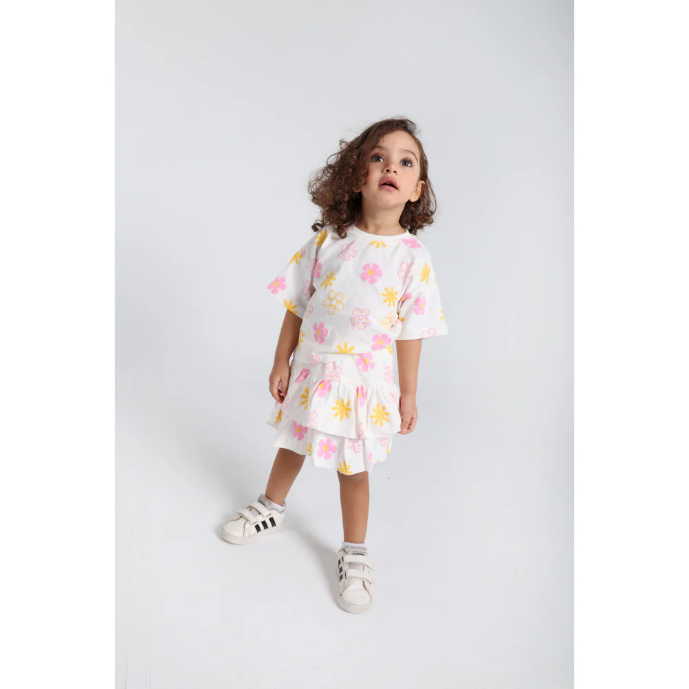 Baby Girls Cotton Outfit Set – Offwhite Printed Flowers Short Sleeves - Image 2