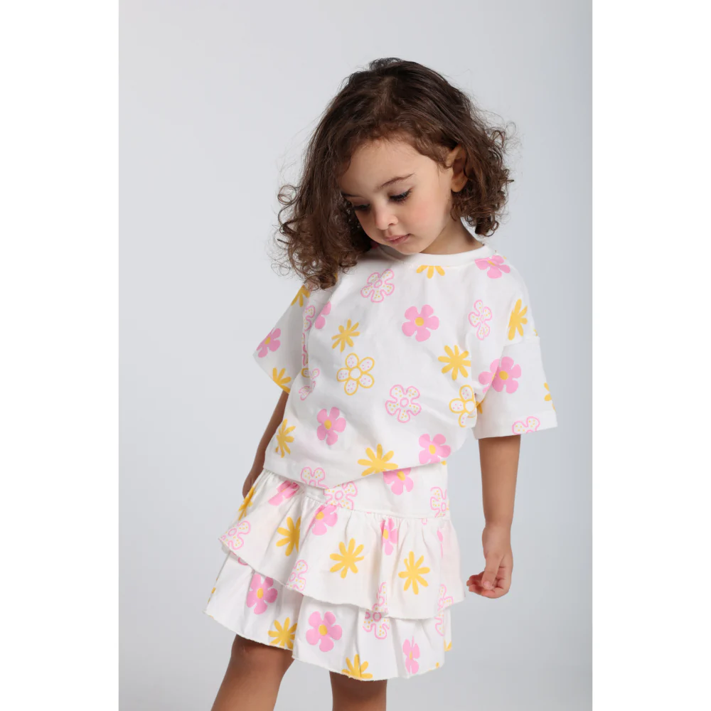 Baby Girls Cotton Outfit Set – Offwhite Printed Flowers Short Sleeves - Image 3