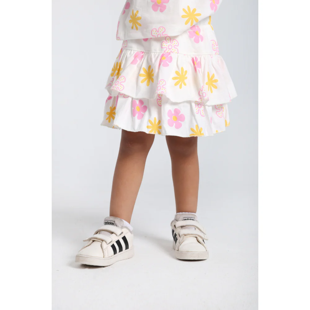 Baby Girls Cotton Outfit Set – Offwhite Printed Flowers Short Sleeves - Image 4