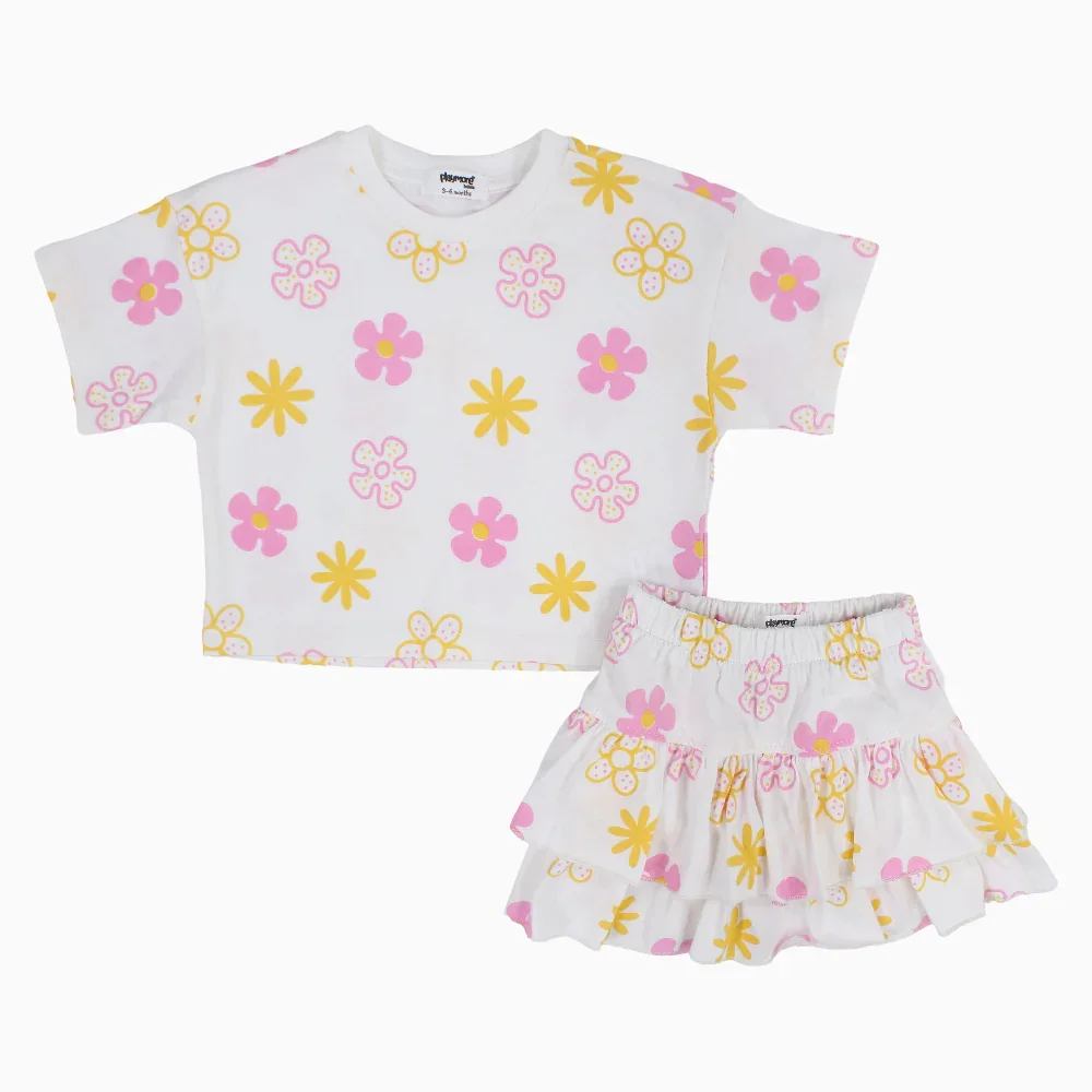 Baby Girls Cotton Outfit Set – Offwhite Printed Flowers Short Sleeves - Image 5