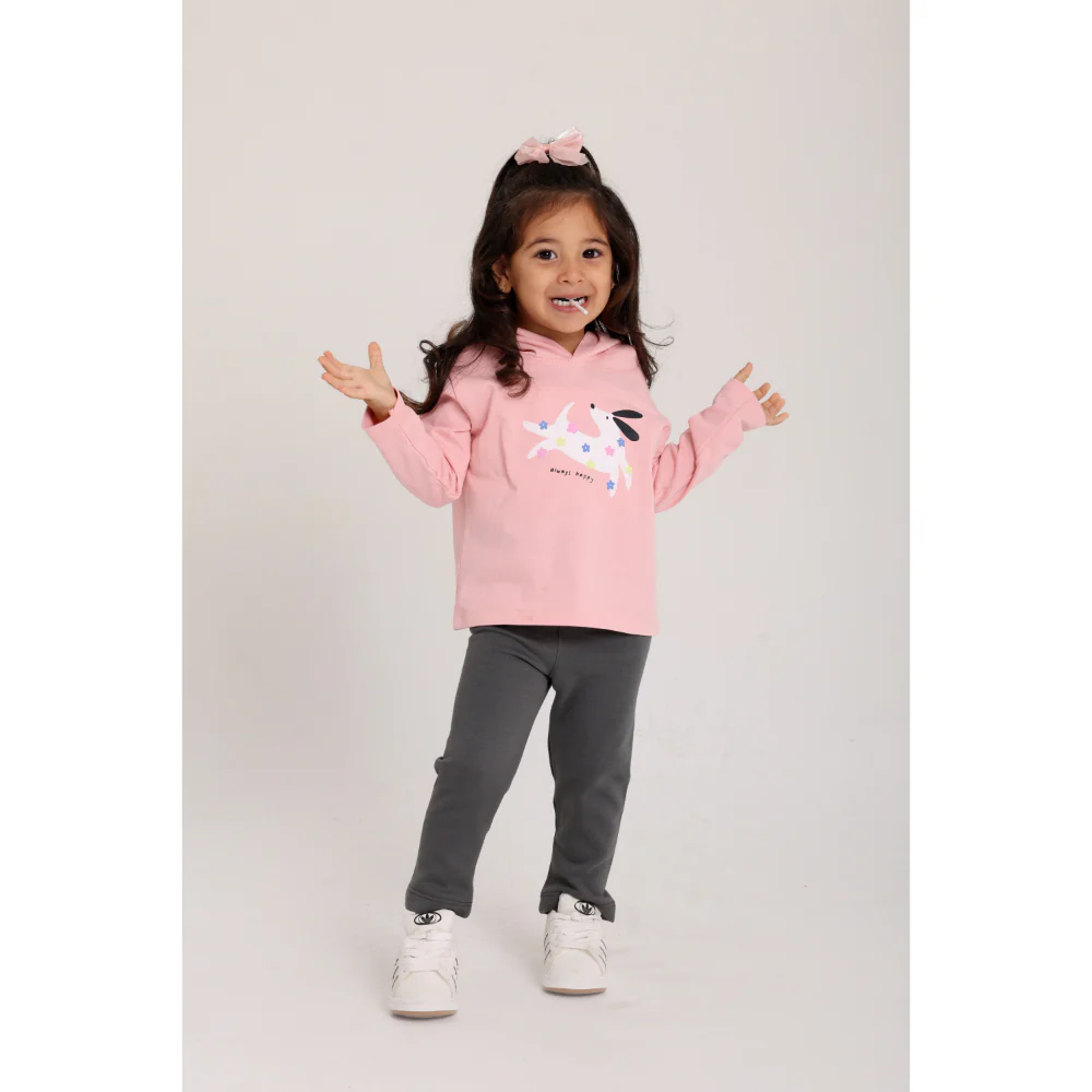 Baby Girls Cotton Hooded T-Shirt – Salmon with "Always Happy" Dog Print - Image 2