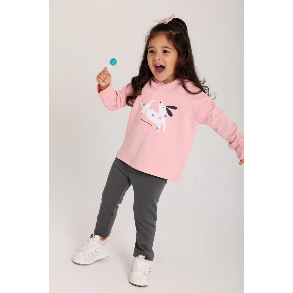 Baby Girls Cotton Hooded T-Shirt – Salmon with "Always Happy" Dog Print - Image 3