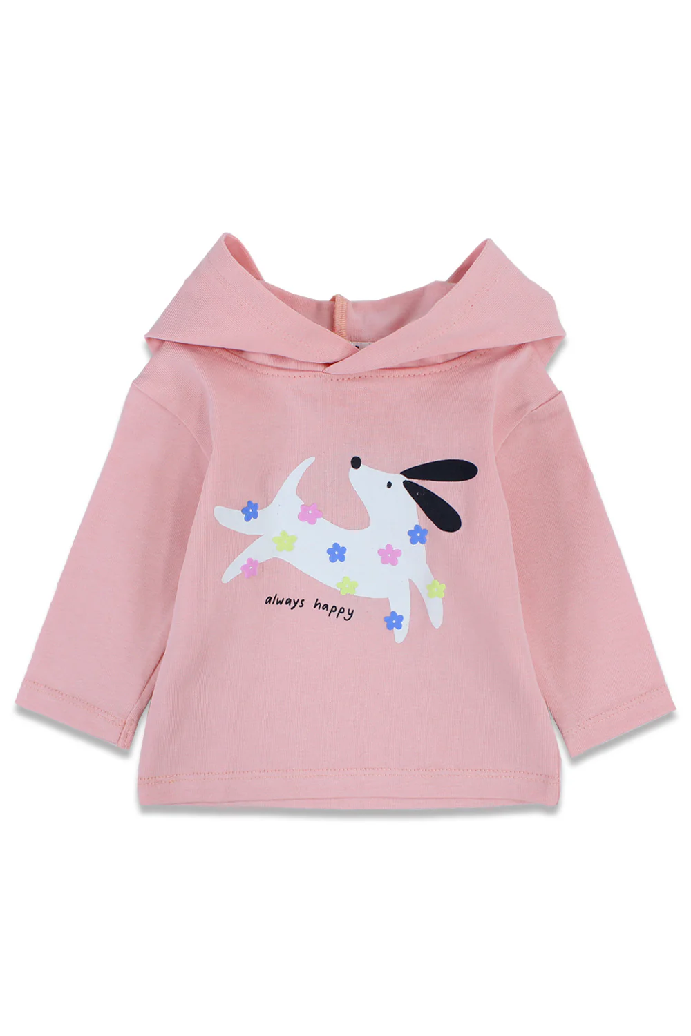 Baby Girls Cotton Hooded T-Shirt – Salmon with "Always Happy" Dog Print - Image 4