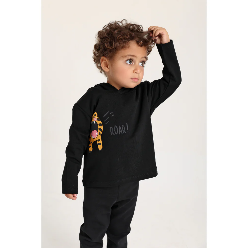 Baby Boys Cotton Hooded T-Shirt – Black with Little Tiger Print