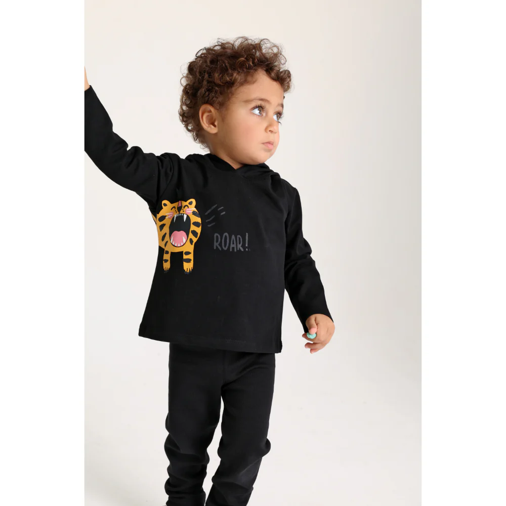 Baby Boys Cotton Hooded T-Shirt – Black with Little Tiger Print - Image 2