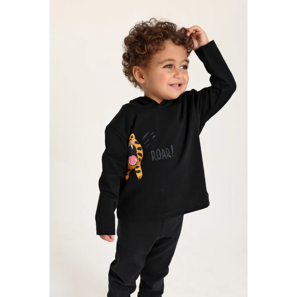 Baby Boys Cotton Hooded T-Shirt – Black with Little Tiger Print - Image 3