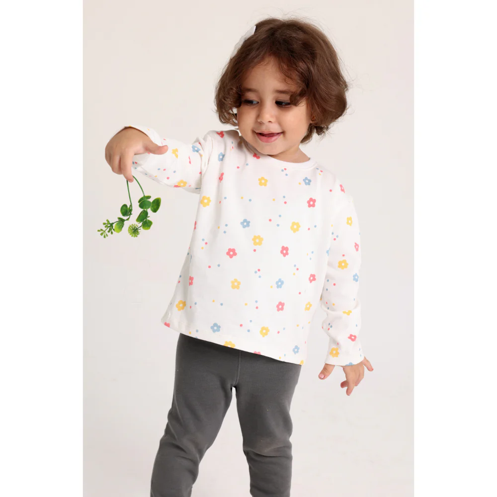 Baby Girls Cotton T-Shirt – Off-White with Flowers Print