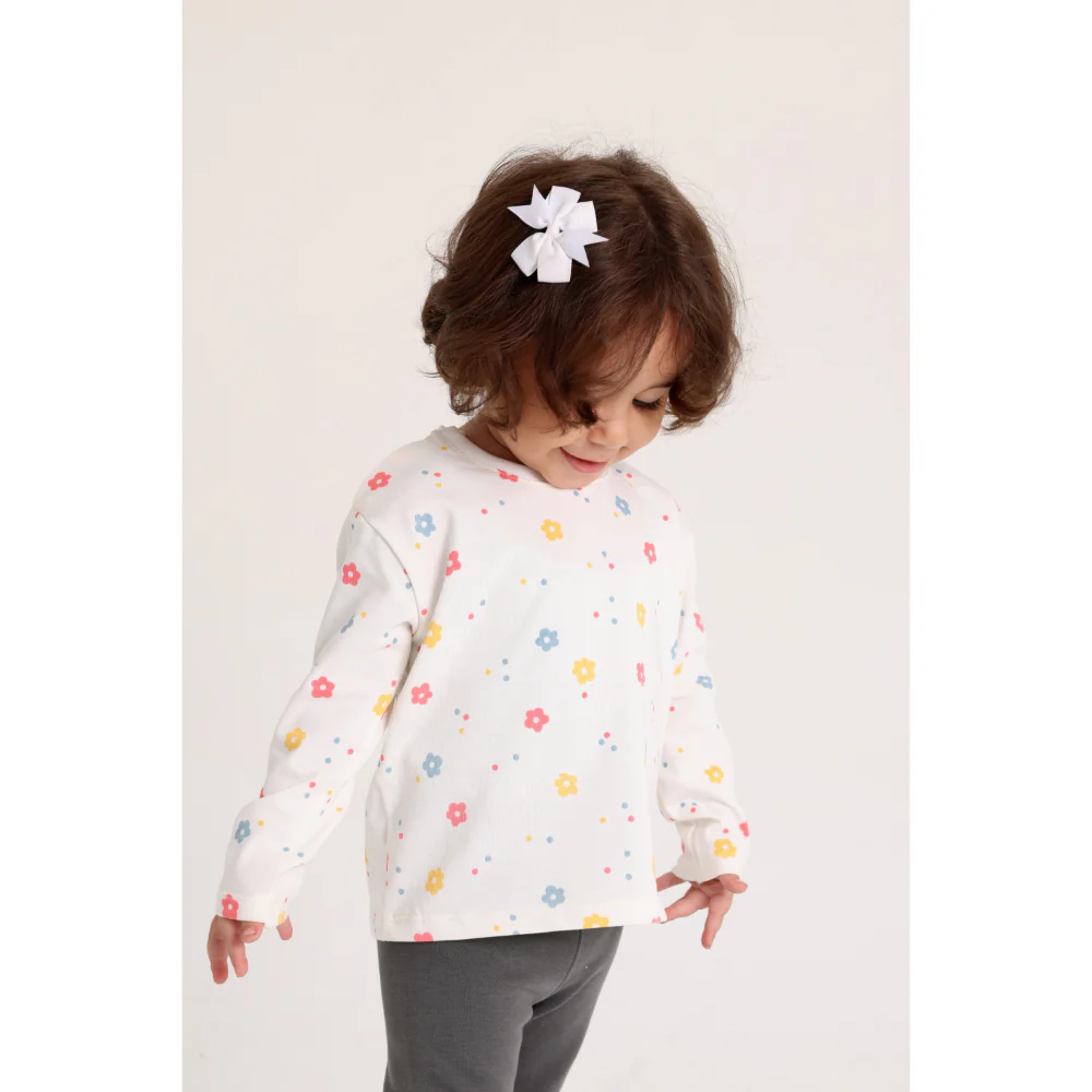 Baby Girls Cotton T-Shirt – Off-White with Flowers Print - Image 3