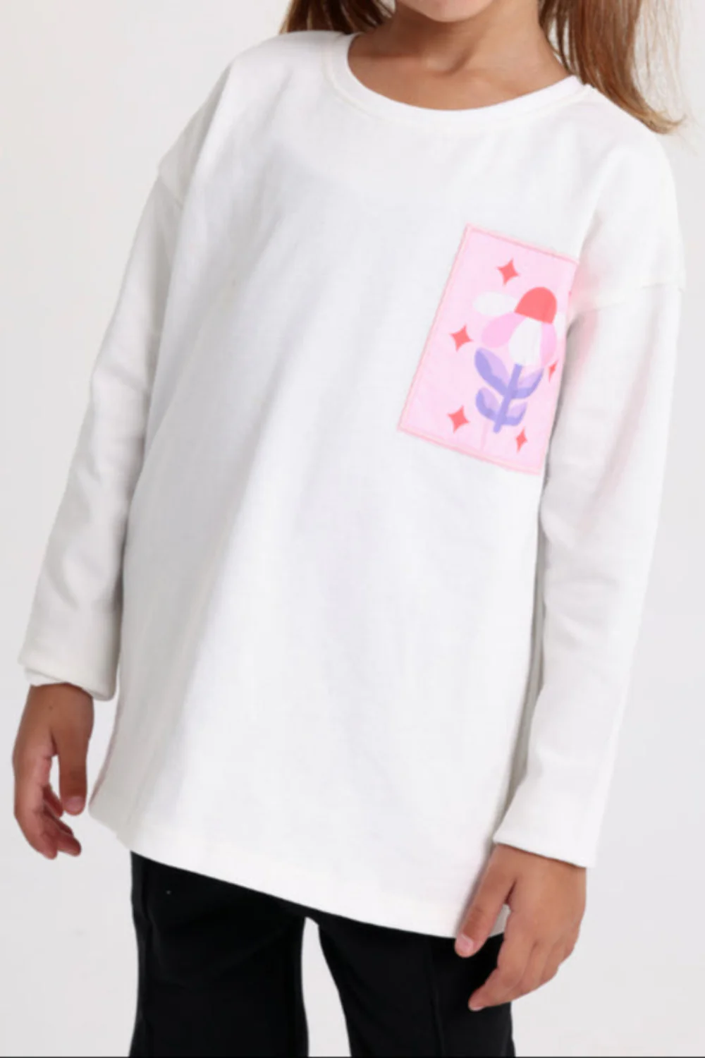 Girls Cotton T-Shirt – Off-White with Flower Print - Image 4
